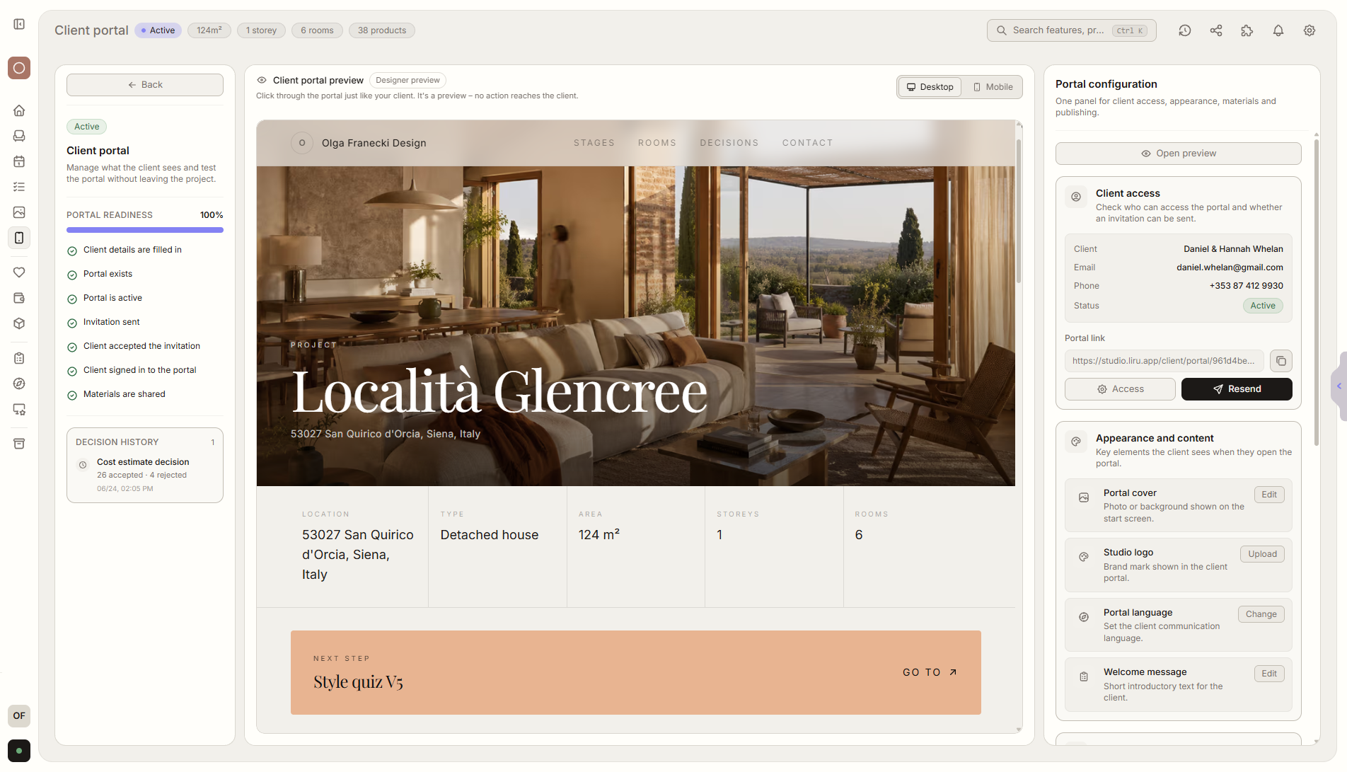 Liru Kundenportal für Innenarchitekten mit Budget und Produkten - Client portal
